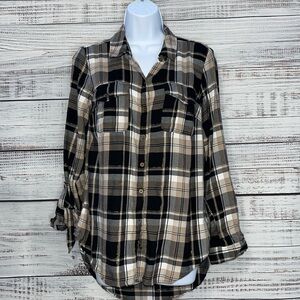 Black Plaid Top Black White & Beige Plaid Longsleeve Top Size Small